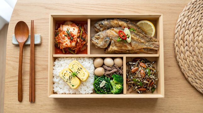 Traditional korean dosirak lunchbox with fried fish and kimchi