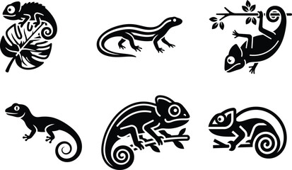 Black silhouettes of various chameleons and lizards on white background © Saidurra12