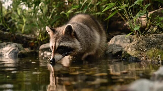 Raccoon Dog by a Forest Stream in a Peaceful Woodland
