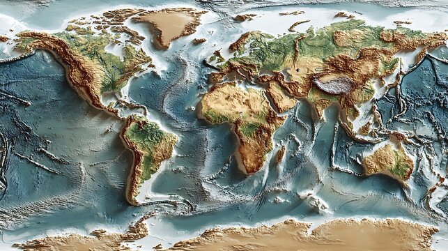 Physical world map showing mountains, rivers, and deserts with realistic topography, vibrant natural colors, high-clarity geospatial rendering