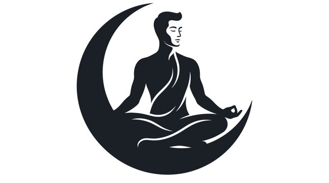 Man meditating on crescent moon.