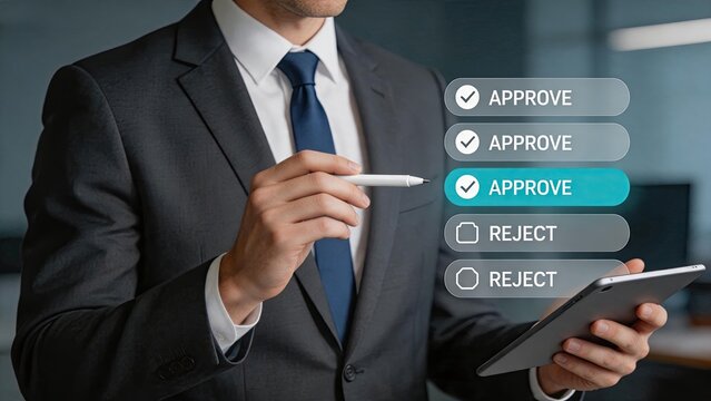 Manager approving decisions on tablet device, digital authorization process, business workflow management, executive signature verification, corporate governance compliance,
