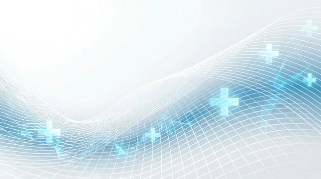 Abstract blue grid pattern with glowing plus symbols depicts modern healthcare innovation and scientific data connection for future technology