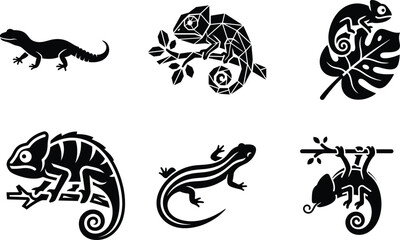 Collection of lizard and chameleon silhouettes and illustrations in various poses  reptiles © Saidurra12