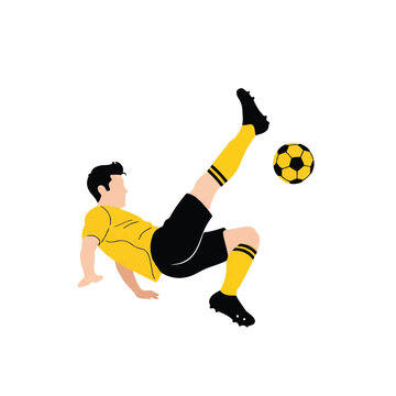 Side view illustration of a soccer player executing a perfect bicycle kick, body parallel to the ground, high-impact athletic movement. Limited palette of yellow, black, and white. Minimalist