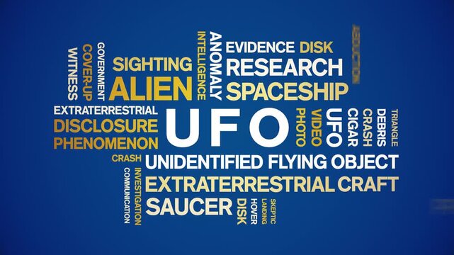UFO animated word cloud-Unidentified Flying Object animation tag kinetic typography seamless loop.