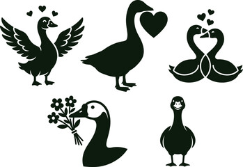 set of goose silhouettes with hearts and flowers © Saidurra12