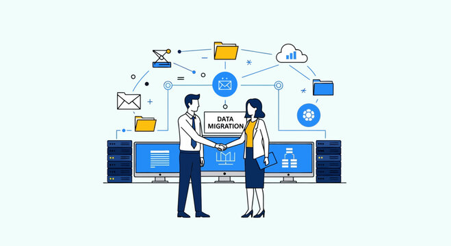 Business People Shaking Hands for Data Migration Concept Illustration