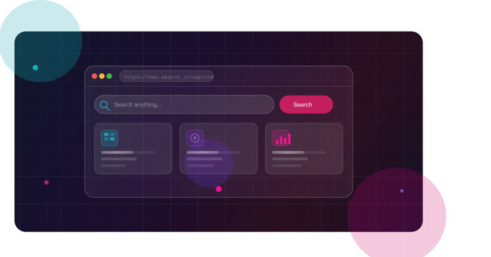 Modern glassmorphism search engine interface, dark mode web browser dashboard with frosted glass UI elements, digital data analytics portal