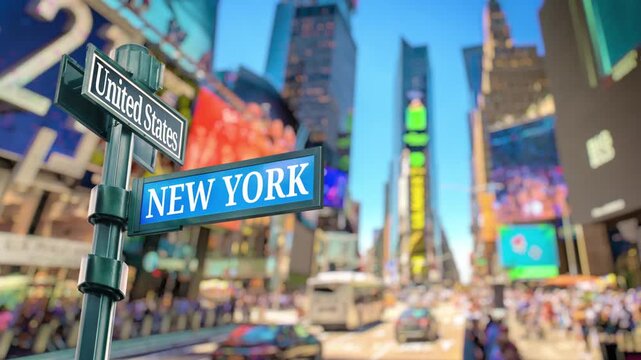 New York City Times Square Timelapse. Selective focus of travel sign United States and New York with real timelapse from raw photos. Bustling city with dazzling LED digital billboards and busy people