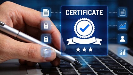 Fototapeta premium Digital certificate with checkmark seal on blue background, hand using pen on laptop keyboard, secure document verification, authentication process, online certification and