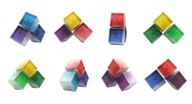 colorful stacked cubes in various arrangements against a clean white backdrop illustrative visuals and abstract compositions