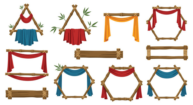 Assortment of decorative bamboo frames with colorful fabric drapes in various shapes for graphic design elements.