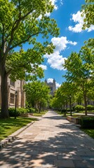 Obraz premium A sun-dappled stone pathway lined with lush green trees leads towards a grand building under a bright blue sky with fluffy white clouds.