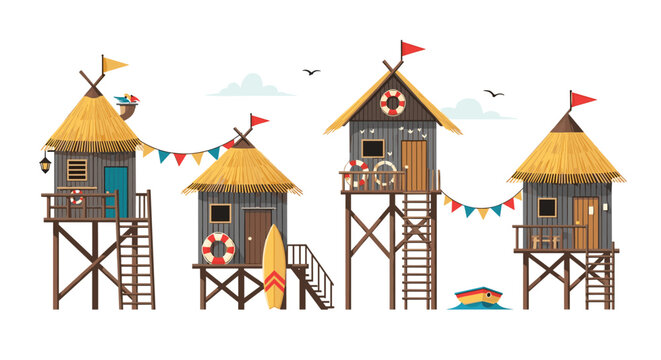 Illustration of colorful tropical beach huts built on wooden stilts with thatched roofs and festive bunting flags.