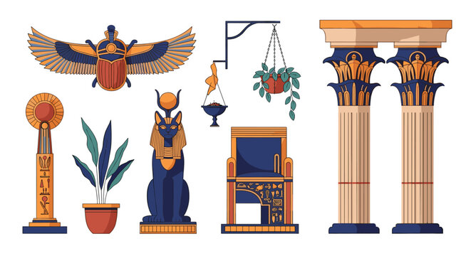 Collection of ancient Egyptian cultural objects including a winged scarab, cat statue, columns, and hieroglyphs.