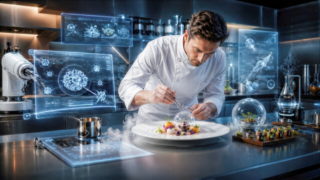 Chef in a high-tech kitchen using an AI-guided interface to design a complex molecular gastronomy dish
