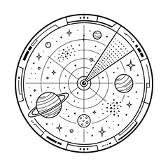 Minimalist circular space radar showing planets and stars line art illustration © Sana