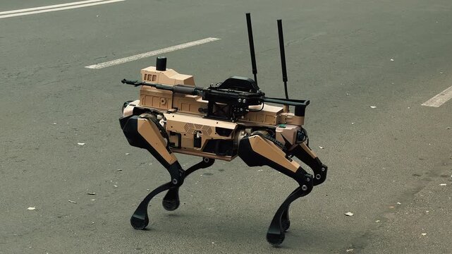 An advanced quadrupedal military robotic dog equipped with weapons walks and performs maneuvers on a city street during a public outdoor technology exhibition in front of curious spectators.

