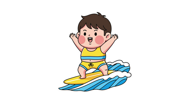Happy Cartoon Boy Surfing on Colorful Wave Board.
