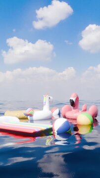 Colorful Inflatable Pool Floats on Calm Ocean Water Under Blue Sky