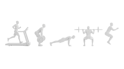 Fototapeta premium Gym Workout Exercises Set with Grey Silhouettes of Treadmill Running Pushups and Lifting