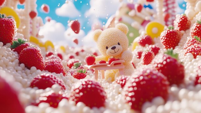 Sweet Dreams and Strawberry Fields: A whimsical teddy bear sits amidst a fantastical landscape of strawberries, cream, and candy, creating a delightful and surreal confectionery dreamscape.