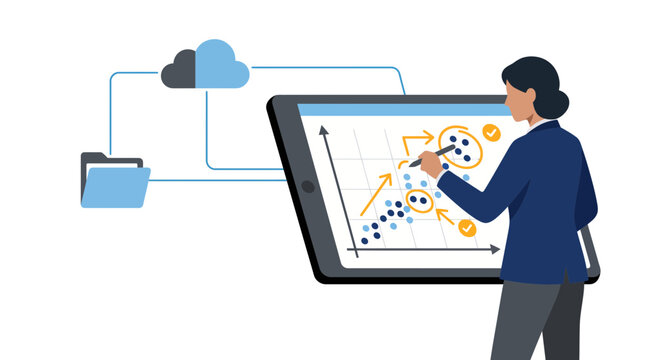 Businesswoman Analyzing Data on Digital Tablet with Cloud Connection