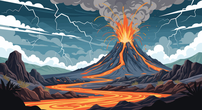 Powerful pixel art illustration of a volcanic eruption with glowing lava rivers, ash clouds, and lightning strikes.
