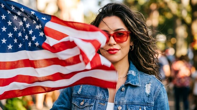Stylish Woman with American Flag at Summer Festival