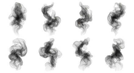 Fototapeta premium eight wispy smoke plumes isolated on a white background abstract elements for graphic design use