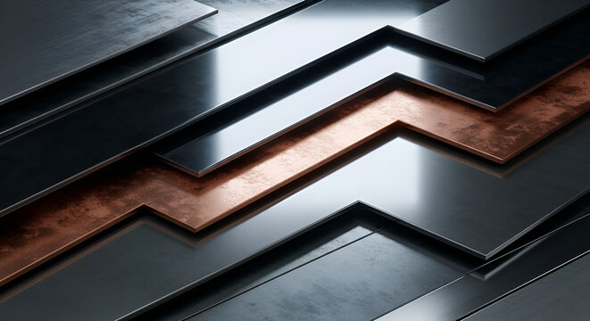 Abstract metal layers copper accent, geometric design background
