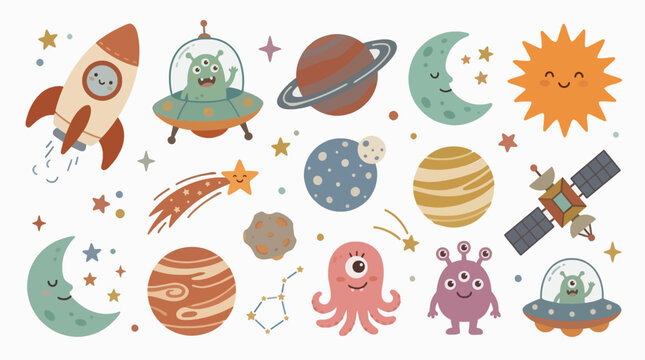 Cute Cartoon Space Elements Vector Illustration Flat Design Commercial Use