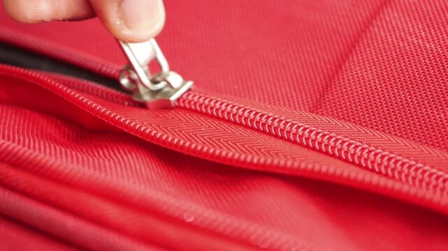 Closing a zipper on a red bag for a quick trip