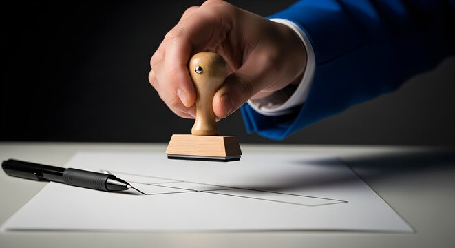Business Hand Stamping Official Document With Approved Seal On A Contract