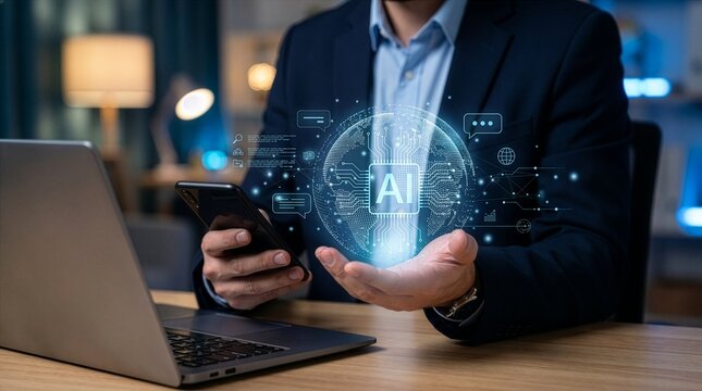 Business man using digital chatbot application Artificial Intelligence (AI). Futuristic technology transformation by entering command prompt for artificial.
