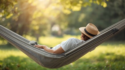 Fototapeta premium Man Relaxing in Hammock Under Trees on Sunny Day.