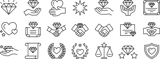 Obraz premium Handshake Heart Diamond Icon Set with Clean Line Art Showing Trust, Love, Charity, and Protection Symbols
