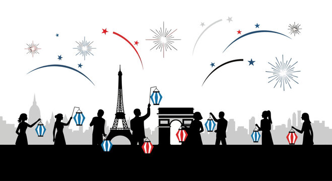 Silhouettes of people holding glowing lanterns in front of iconic Parisian landmarks.