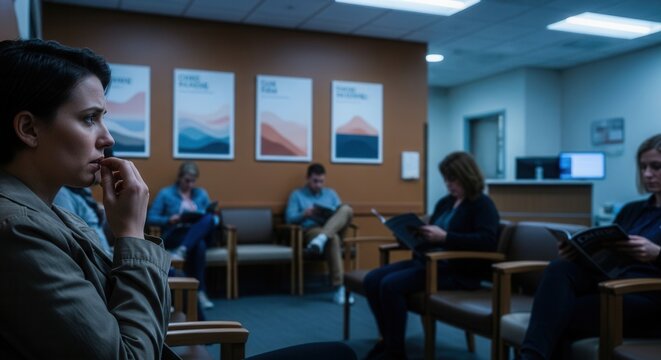 Anxious Patient Awaiting Medical Consultation In A Waiting Room Full Of People