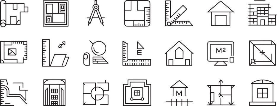 Blueprint Construction Icons Set with Ruler, Triangle, Compass, House, Computer Monitor, and City Building Outlines