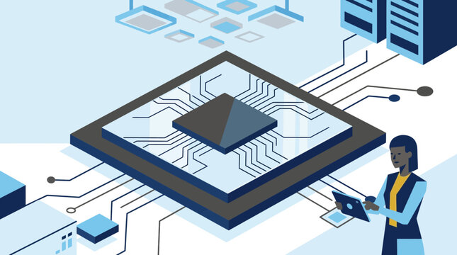 Modern isometric illustration of a computer processor and engineer