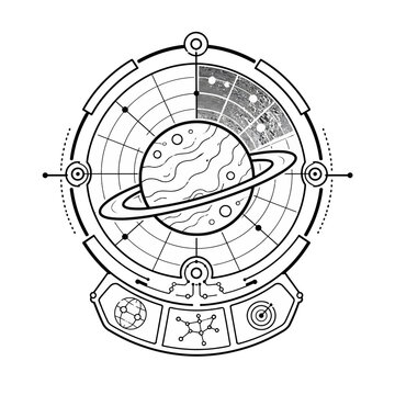 Futuristic space radar graphic illustrating a planet with rings and a science network interface