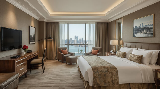 Elegant hotel suite with city skyline view, warm neutral palette and modern luxury touches