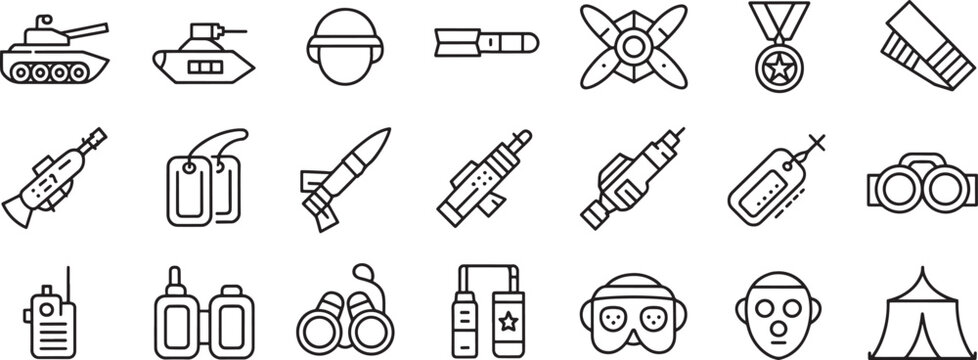 Rocket, Tank, Diving Helmet and Other Military Equipment Line Icons Set in Bold Black Traced Vector Style