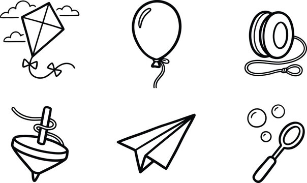 Assorted children toys and leisure activity icons line art with spinning, airplane