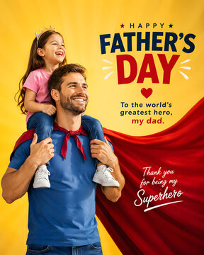 Happy Father's Day Poster with Dad in Superhero Red Cape Carrying Daughter with Tiara Crown on His Shoulders. Cheerful Family Celebrating Together on Yellow Background.