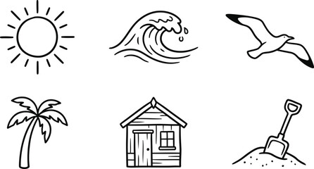 Summer beach vacation icons with sun sea wave seagull palm tree beach house and shovel © SR Stock