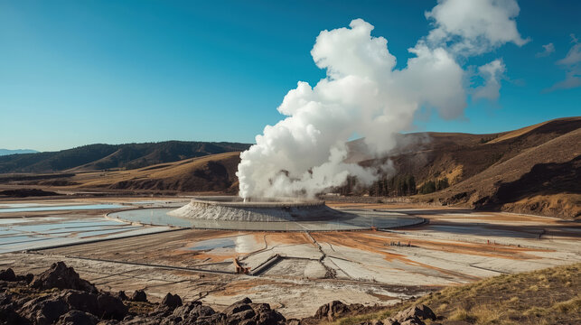 Geothermal power plant steam vent steam plume volcanic basin thermal pool barren landscape