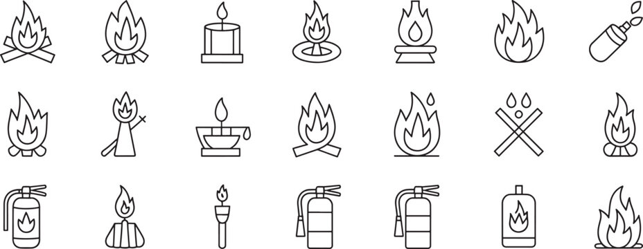 Campfire and Fire Flame Icons Set with Candle, Torch, Match, and Extinguisher Line Art for Safety and Rescue Themes